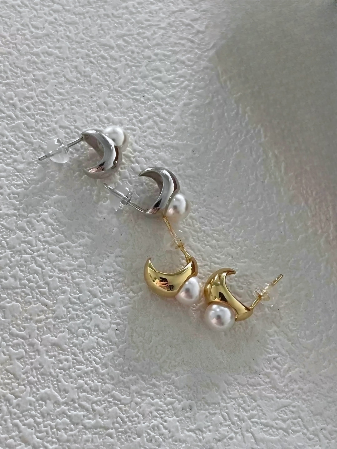 Chunk Crescent Pearl Studs-Earrings-SoulAdorne