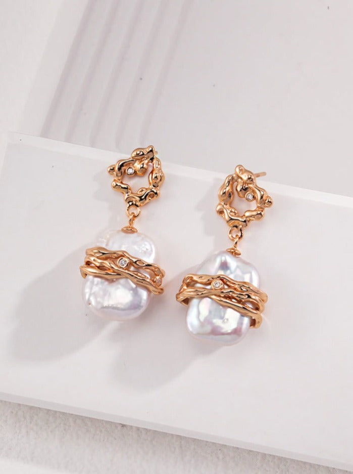 Golden Embrace Baroque Pearl Drops-Earrings-SoulAdorne