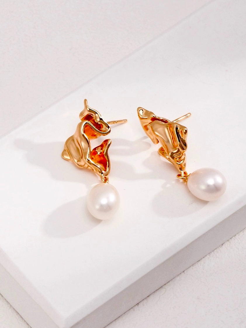 Golden Petal Drop Pearl Earrings-Earrings-SoulAdorne