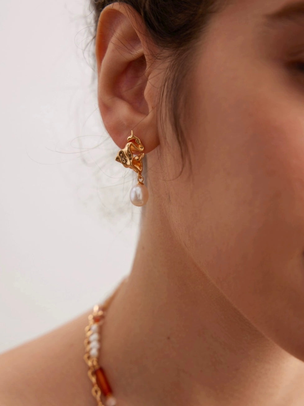 Golden Petal Drop Pearl Earrings-Earrings-SoulAdorne