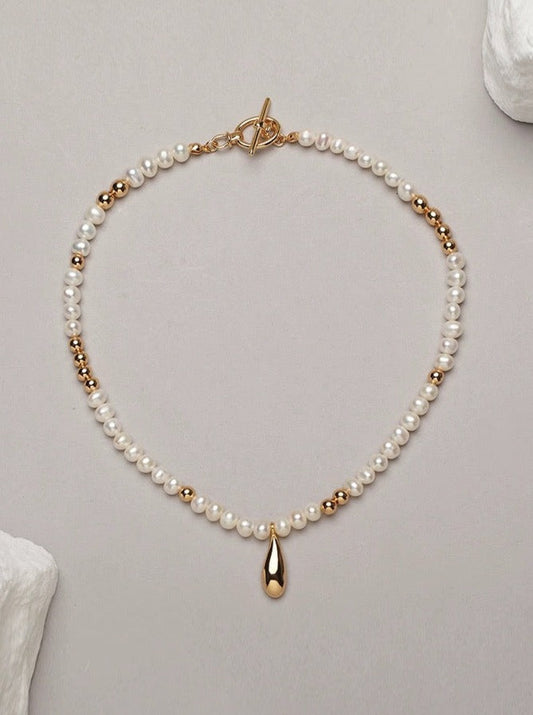 Golden Teardrop Pearl Necklace-Necklaces-SoulAdorne