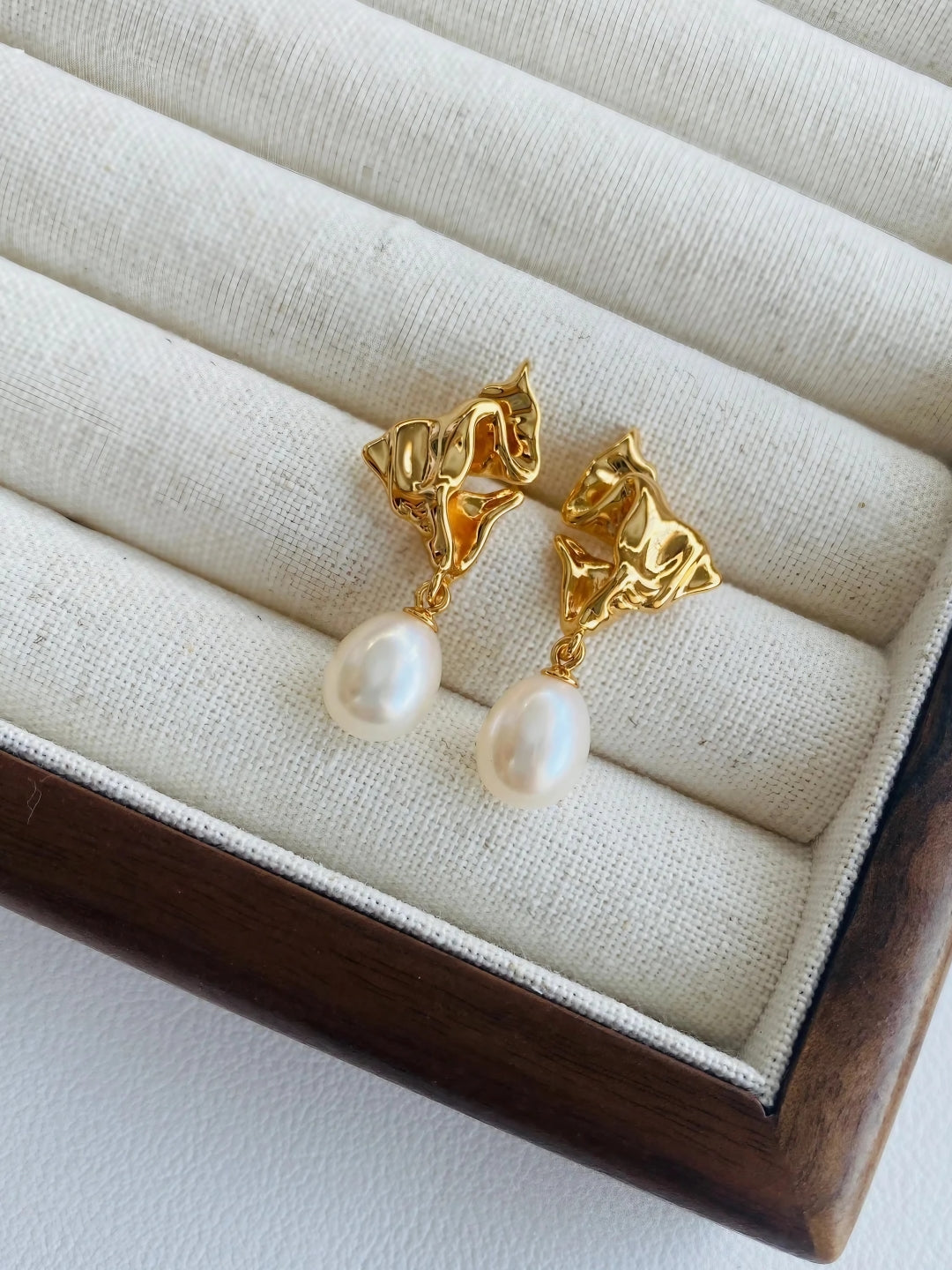 Golden Petal Drop Pearl Earrings