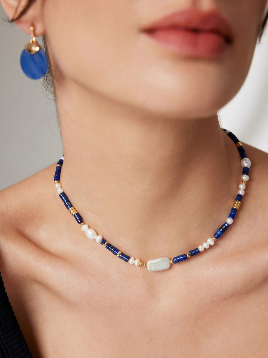 Lapis Pearl Necklace-Necklaces-SoulAdorne