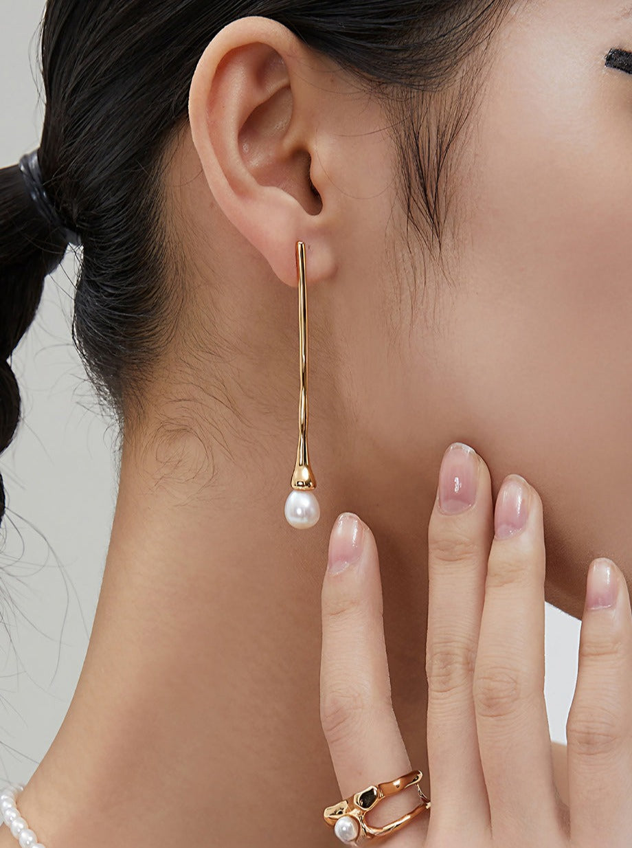 Minimalist Pearl Drop Line Earrings-Earrings-SoulAdorne