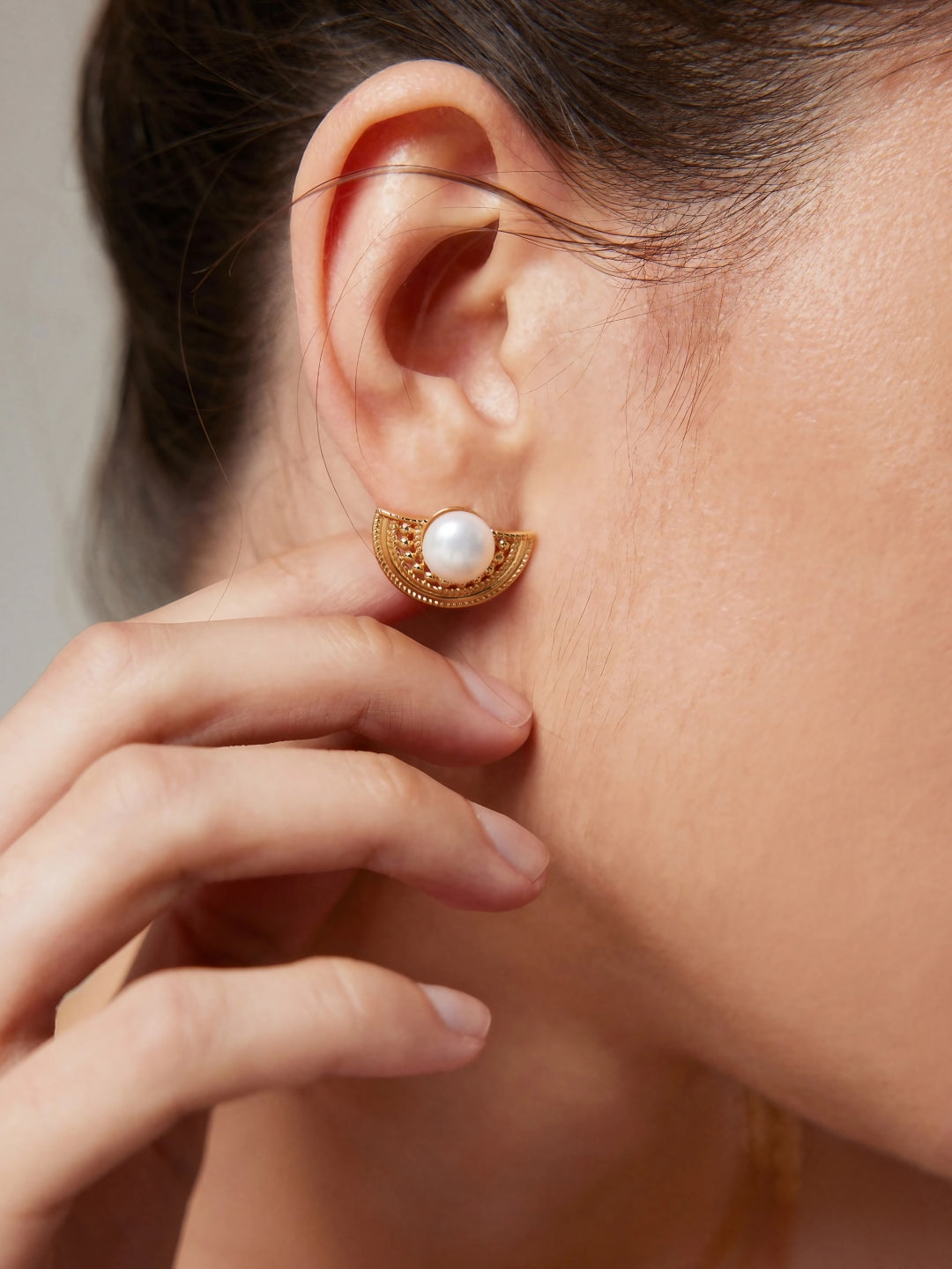 Oriental Fan Pearl Studs-Earrings-SoulAdorne