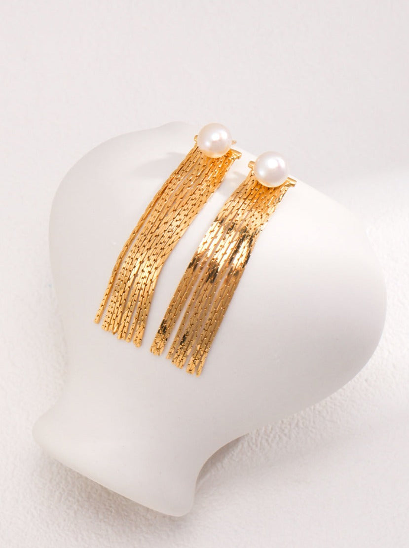 Pearl Tassel Gleam Earrings-Earrings-SoulAdorne