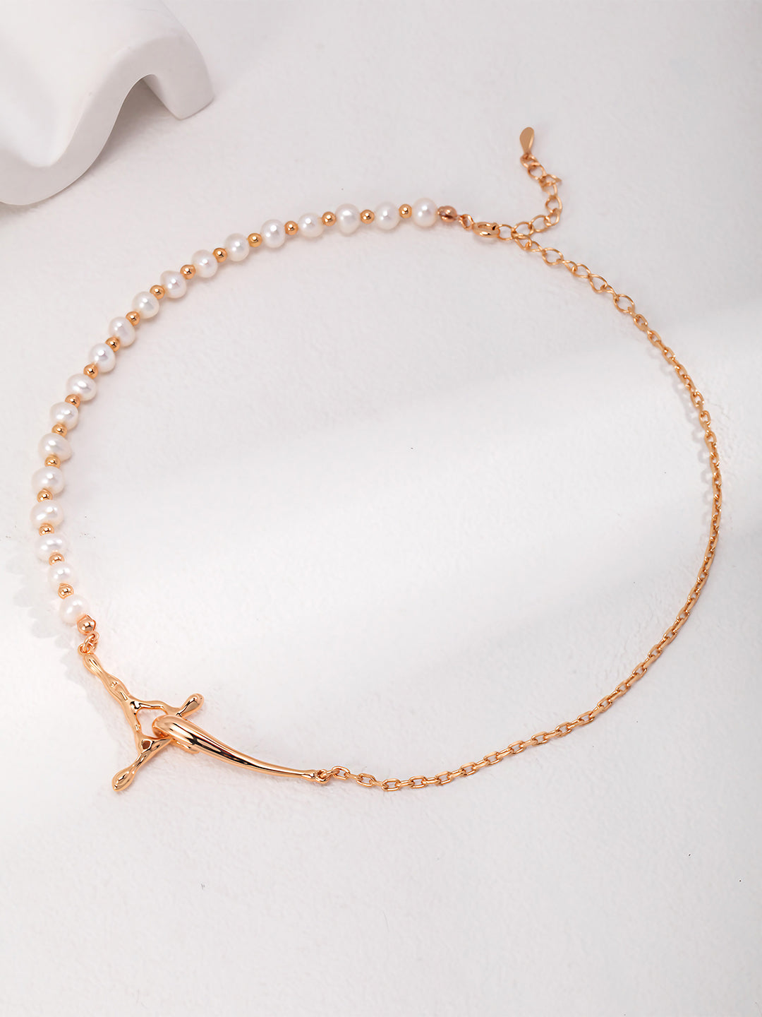 Roseate Cross Pearl Necklace-Necklaces-SoulAdorne