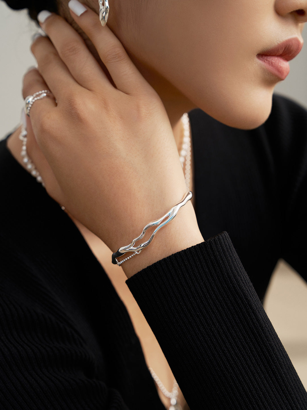 Silhouette Wave Silver Bracelet-Bracelets-SoulAdorne